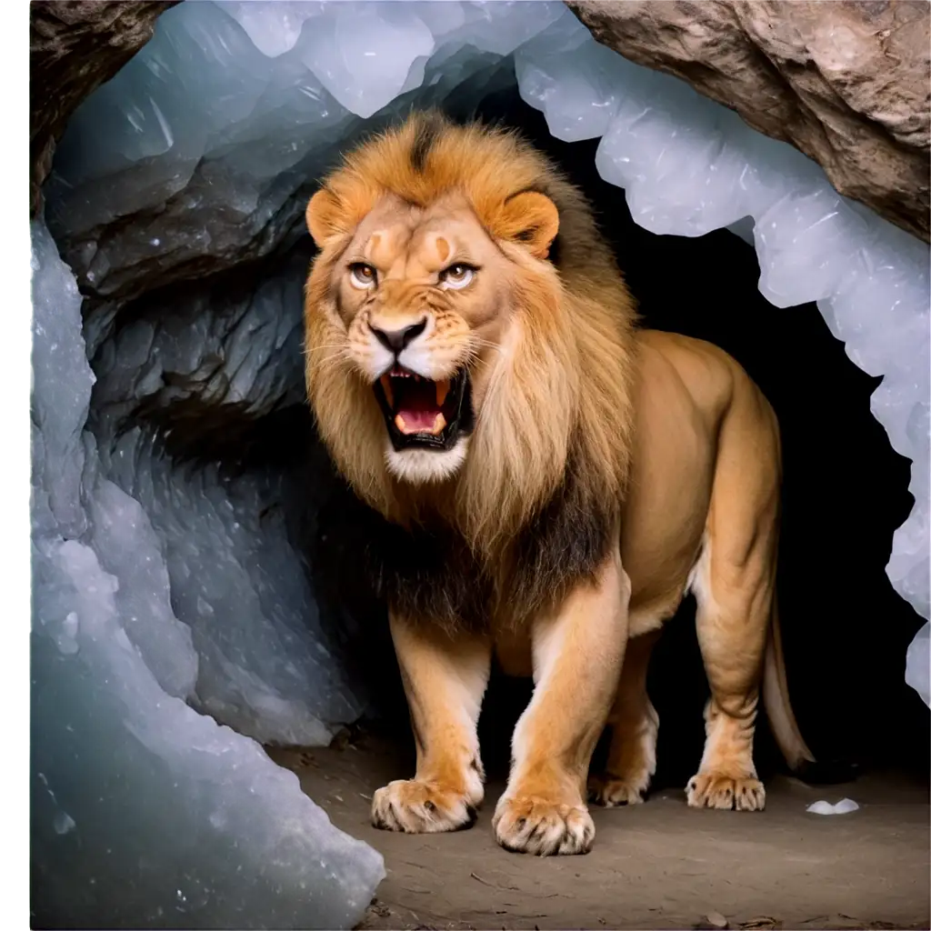 Male-Lion-Roaring-in-Ice-Cave-PNG-Image-Majestic-Wildlife-Photography
