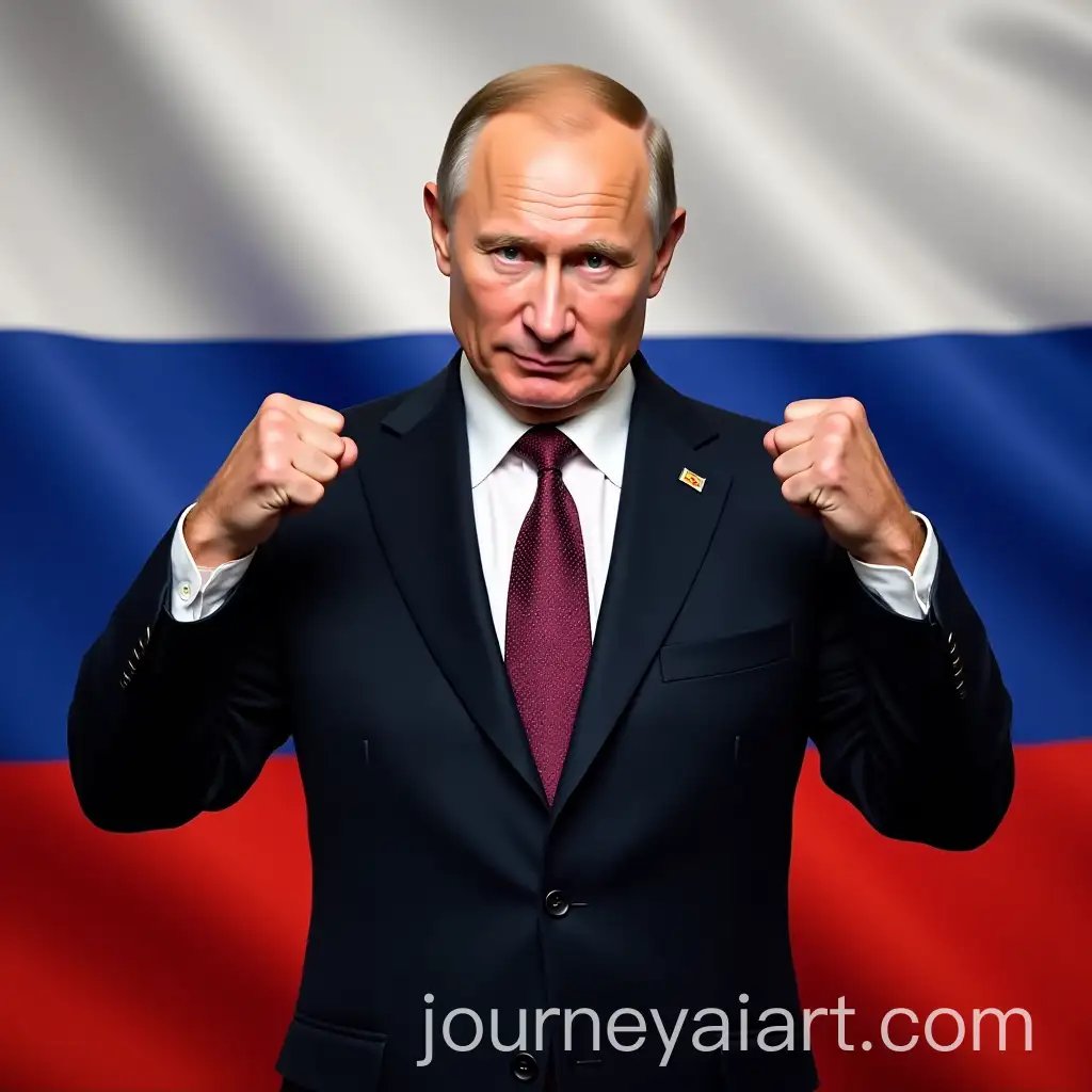 Vladimir-Putin-Showing-Biceps-with-Russian-Federation-Flag-Background
