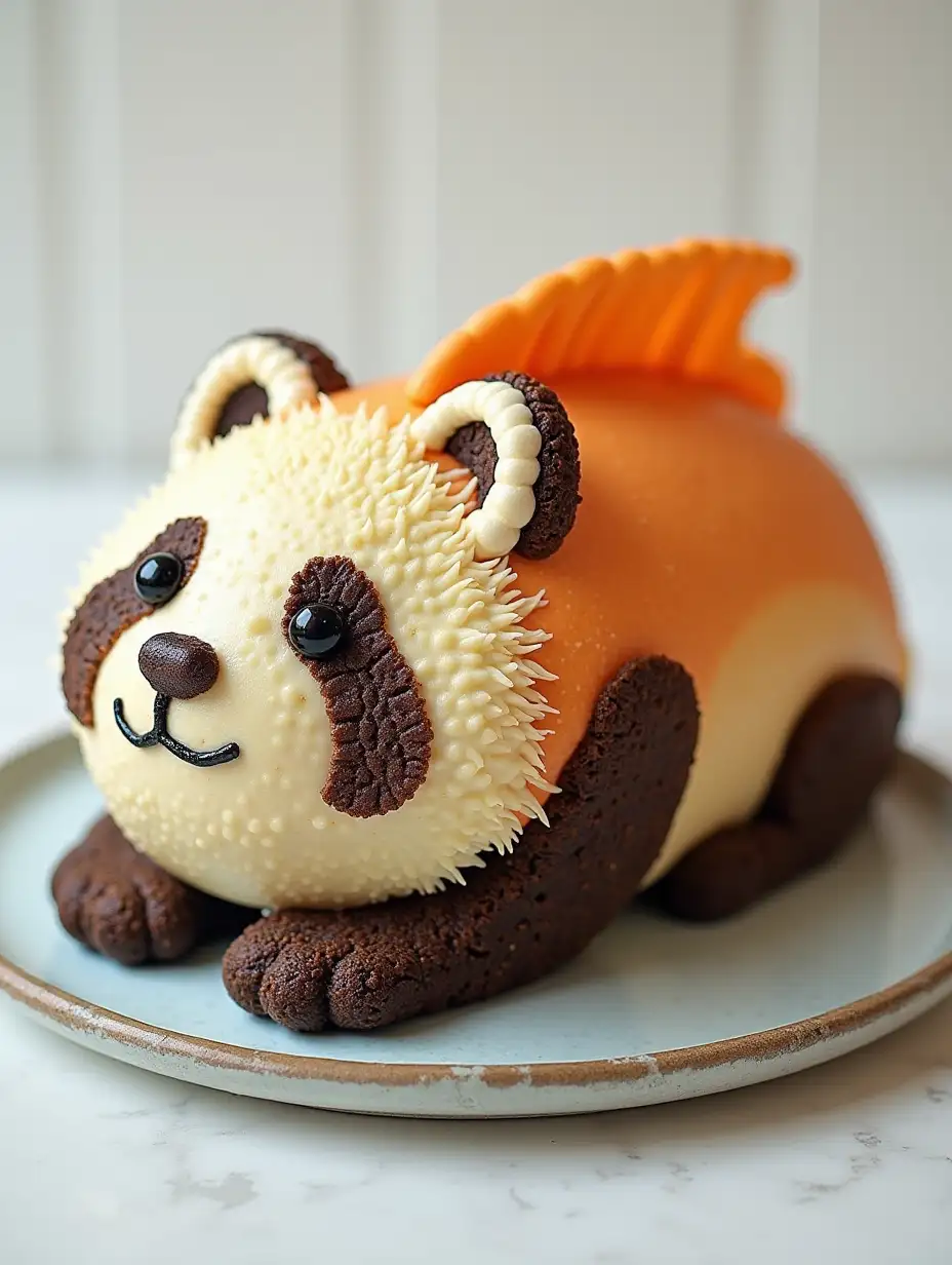 A panda cake in the shape of a fish