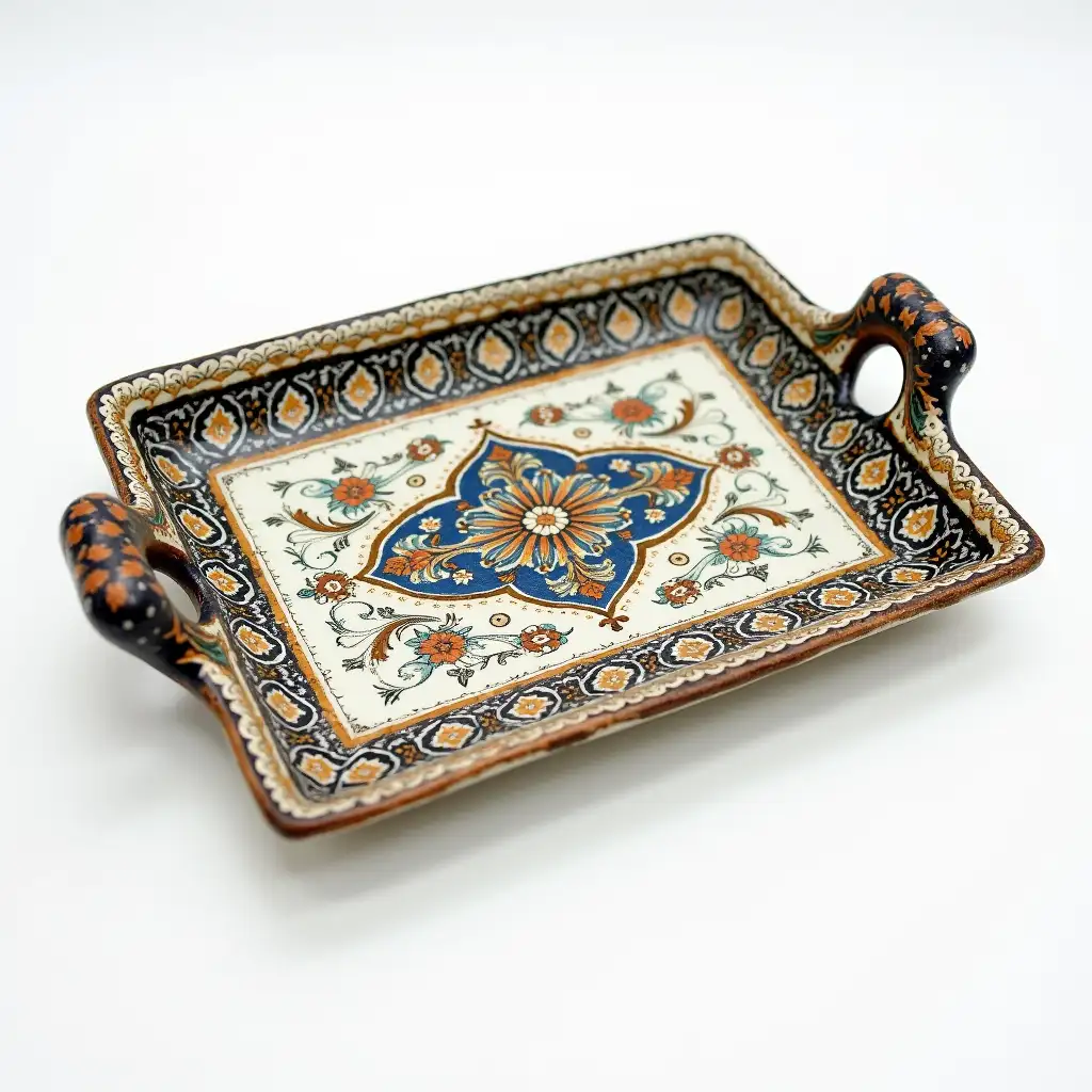 Two divided rectangle ceramic tray plate with embossed beautiful ceramic handle, Underglaze painting on white body, Fine art, Hyper detailed, Antique and old, Qajar art, Iranian Tabriz carpet design