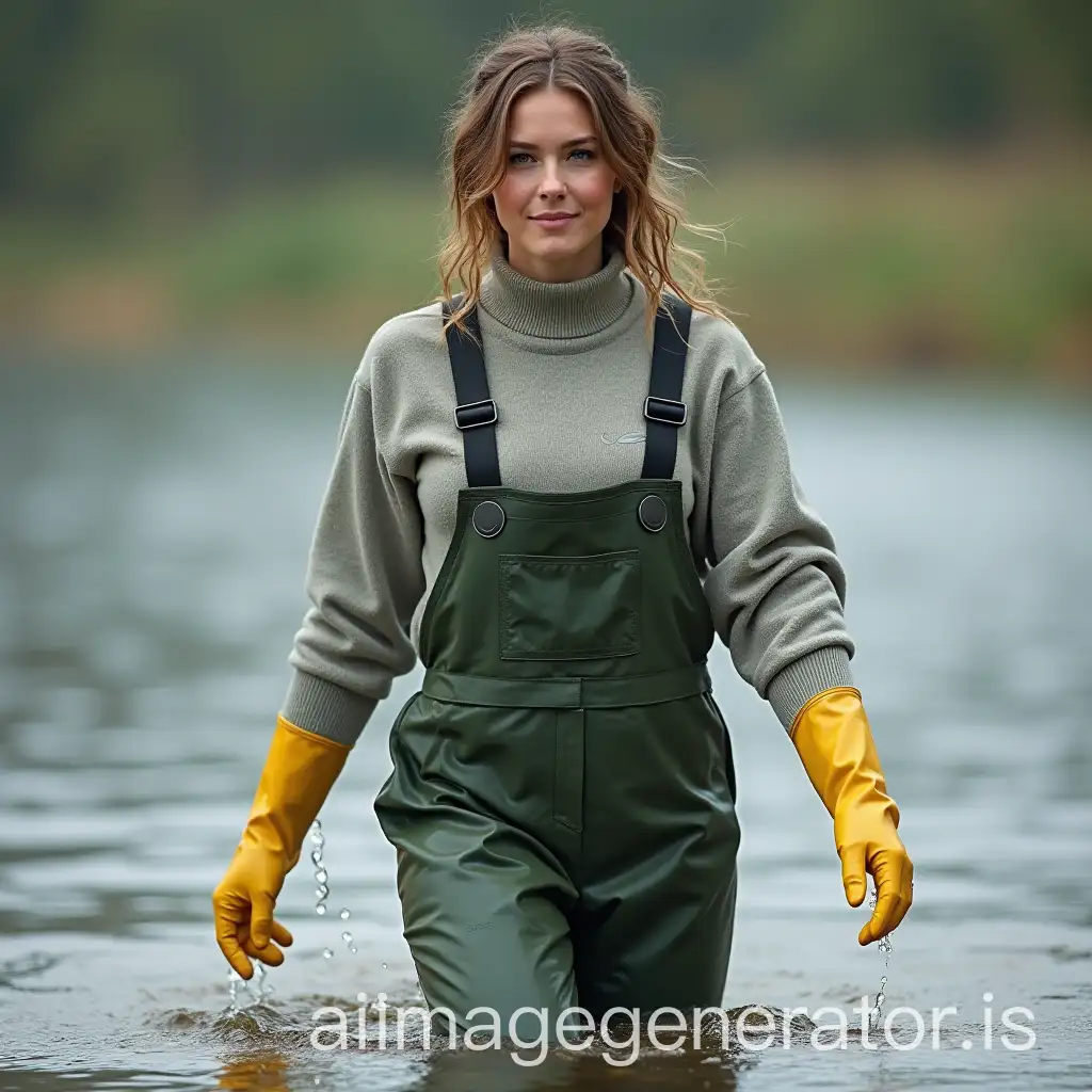 Woman-Walking-Into-Water-Waders-Flooded-with-Cold-Water