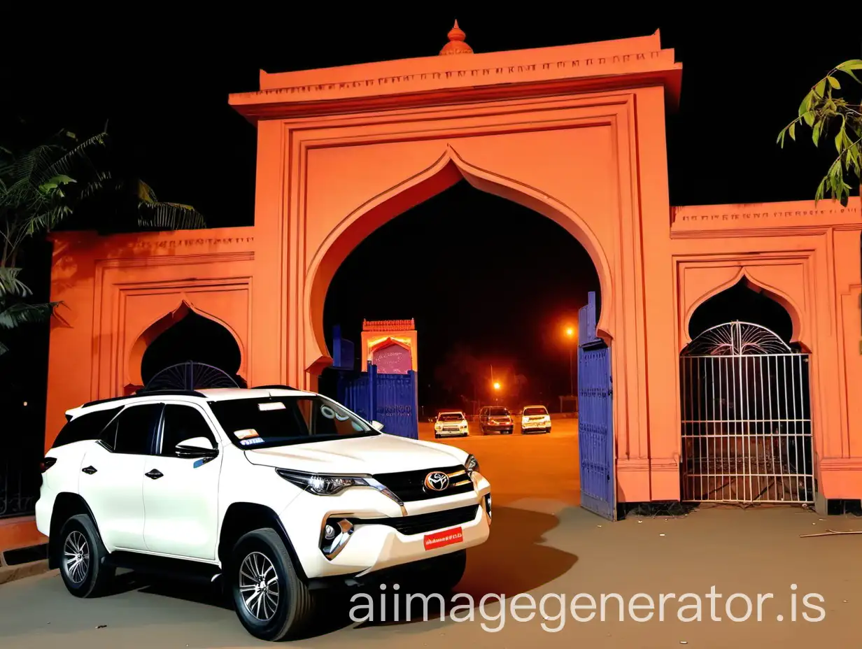 White-Toyota-Fortuner-Car-at-Old-Hindu-Ashram-Gate-at-Night