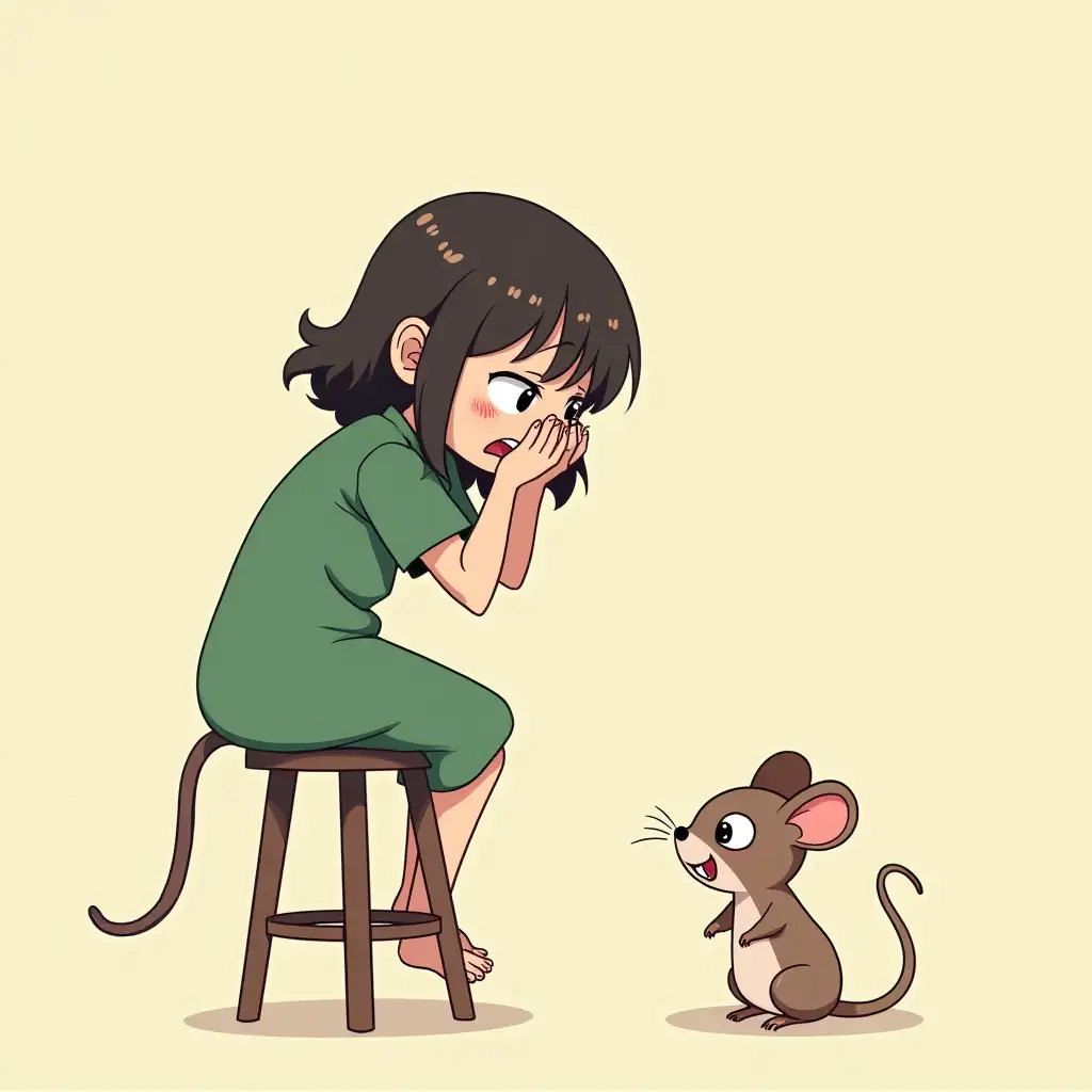 a sweet scared adult girl is standing on a stool in a green dress with her head in her hands, looking at a mouse, while a small mouse with a satisfied face and a grin sits on the floor. anime style.