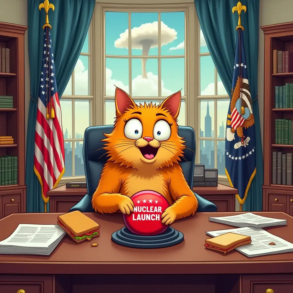 Full indoor shot of a cartoon orange cat sitting at a large wooden desk, seemingly in the Oval Office, with a large red button labeled 'NUCLEAR LAUNCH' in front of it. The cat is a rich orange color with a fluffy, cartoon-style appearance, and has exaggerated eyes expression. It has large, expressive eyes and a slightly open mouth, suggesting it is about to press the button or has just. The desk is a rich reddish-brown wood, and the room is equipped with a large window with a view of a cityscape with Mushroom cloud and a partly cloudy sky. American flags are displayed on either side of the window. Office-style decor including wooden filing cabinets, bookcases, and other typical office furniture are visible. Papers and likely reports are on the desk, and a half-eaten sandwich sits near some papers on the desk. The overall style of the image is humorous and likely references a political or satirical theme. The exaggerated features of the cat, and the extremely serious situation implied by the 'Nuclear Launch' button, all contribute to a cartoon comic book-style presentation.