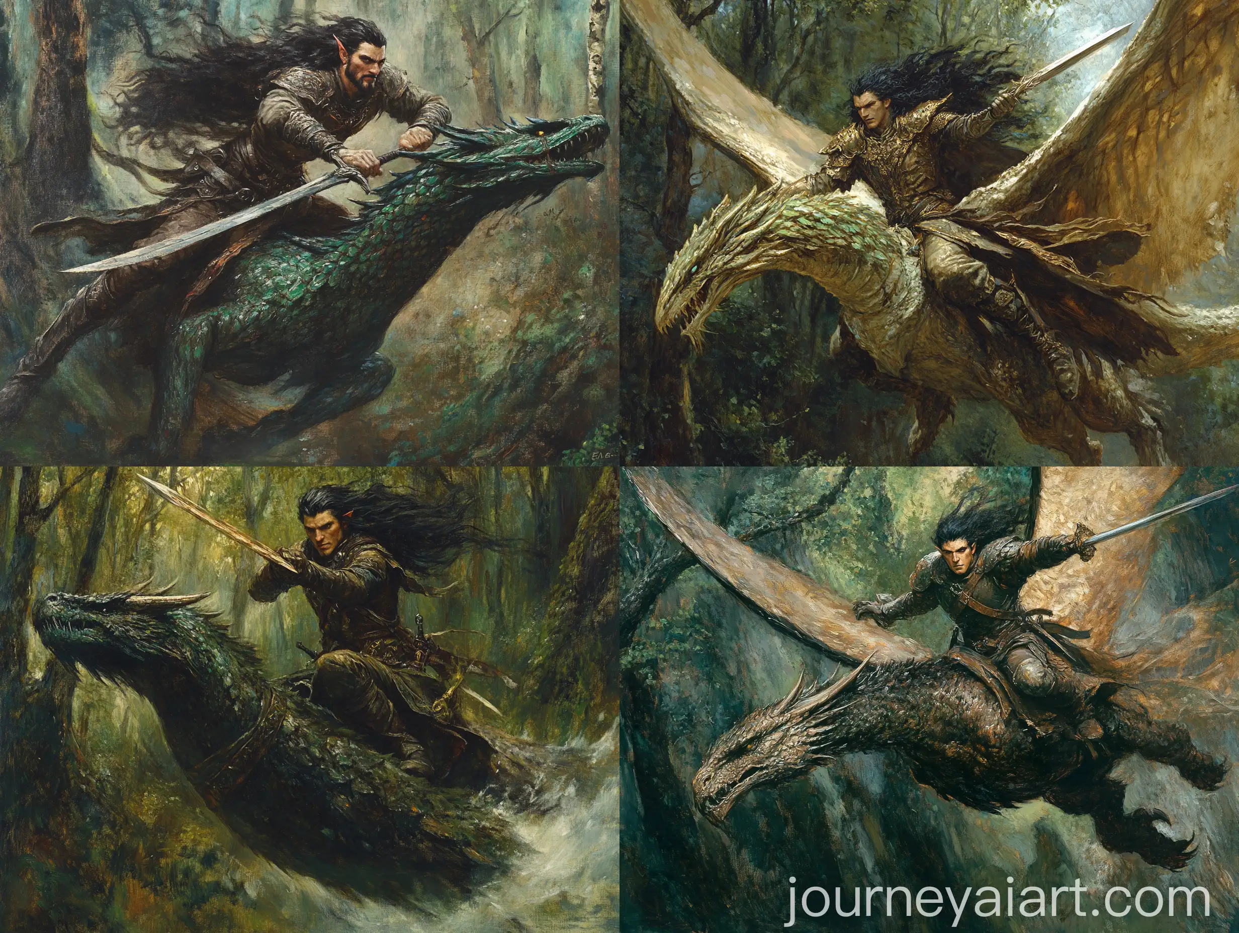 Wild-Elven-Warrior-Riding-Wyvern-Through-Dense-Forest