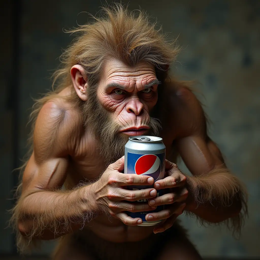 A rough, primitive Neanderthal, with a mop of tangled brown hair on his head and beard. His body, with weathered, earthy-colored skin and a slight sheen of sweat, is completely covered with short but thick, messy hair. He clutches awkwardly in his rough, furry hands a modern, shiny aluminum soda can with a red and blue logo and PEEPSY written on it. He confusedly tries to take a small sip of soda from the can. His facial features with a sloping forehead and large brow arches convey a sense of incomprehension and uncertainty about what is happening.