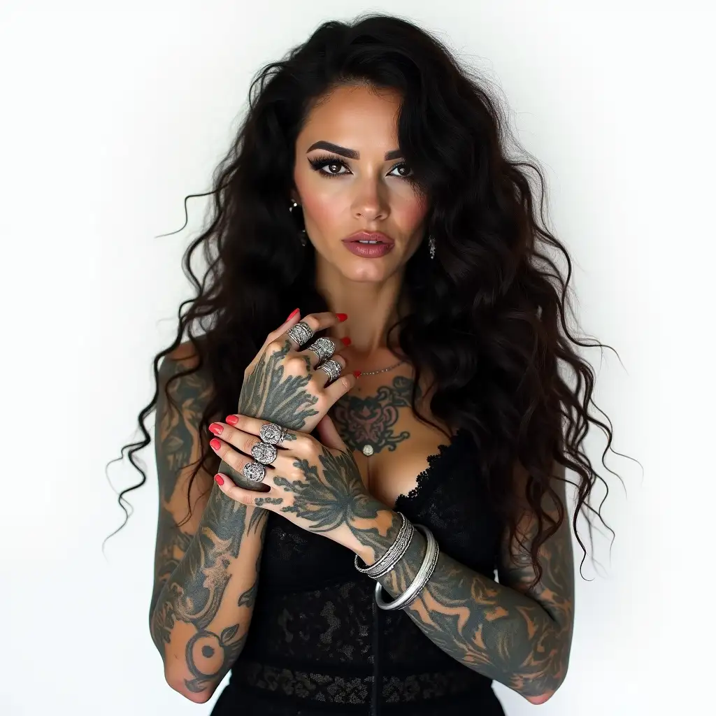 Portrait of a witch, woman with long, dark curly hair, many tattoos, silver ring’s, silver bracelets. looking directly into camera, wearing a black lace dress, white background. she is not happy, shot by annie leibowitz. photo realistic. full frame.