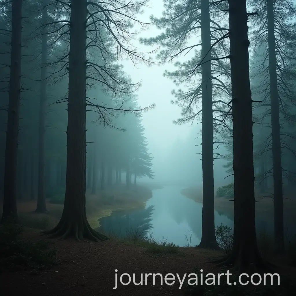 Serene-Forest-with-Towering-Trees-and-Misty-Lake-View