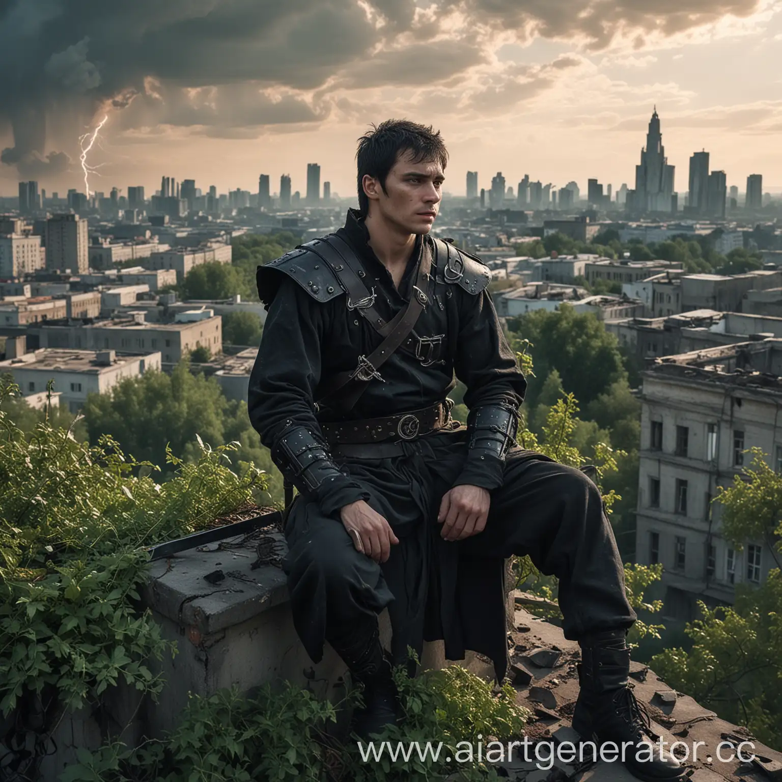 Russian-Warrior-Controlling-Fire-and-Lightning-Magic-on-Soviet-Rooftop-in-PostApocalyptic-Cityscape-with-World-Tree