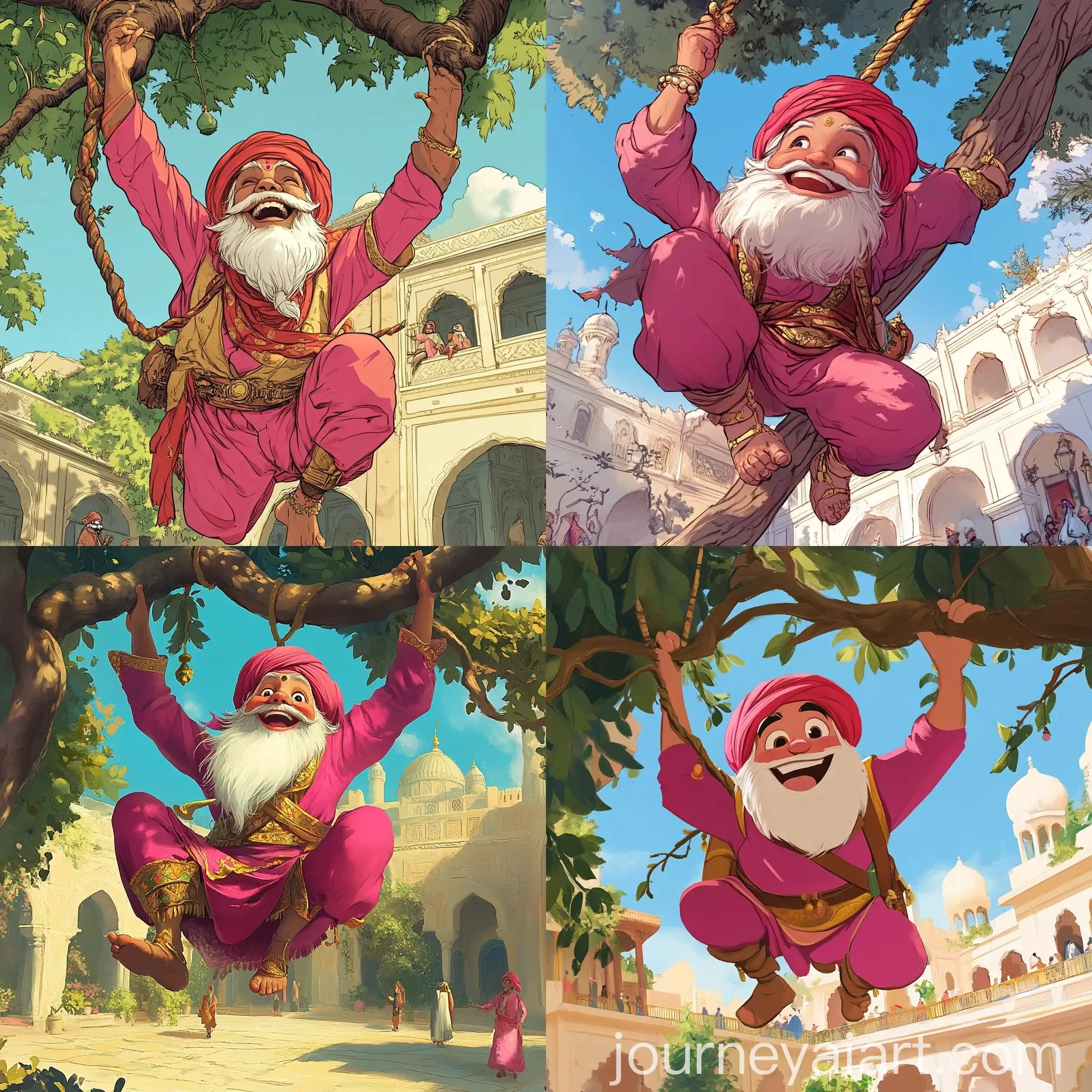 Cheerful-Cartoon-Character-Hanging-from-Tree-Branch-in-Courtyard-Scene