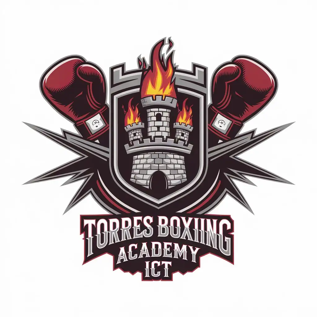 LOGO Design for Torres Boxing Academy ICT Shield with Castle Eyes on Fire and Boxing Gloves Theme