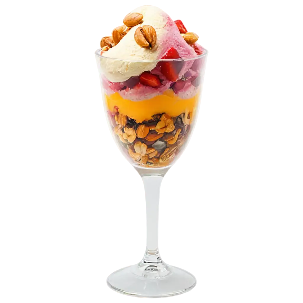 mixed fruits, nuts, and ice cream inside clear footed glass, Falooda