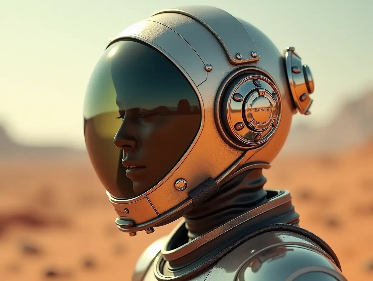 Create a high-resolution, realistic image of the artificial intelligence Robert, 30 meters high, glass helmet with headset,ruby earphone, stainless steel screws, laser weapon, grenades on the ground on a foreign planet Mars 4k resolution