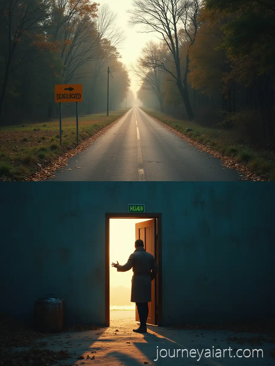Road-Sign-Deadlocked-andAI-Art-Prompt-Expansion-Person-Opening-New-Door-Symbolizing-Change