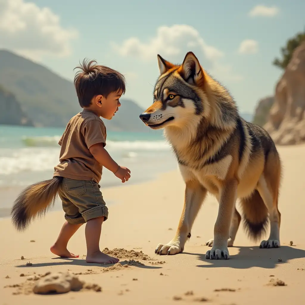 1 year old kid standing against a big wolf they are both ready to fight and stand on sand