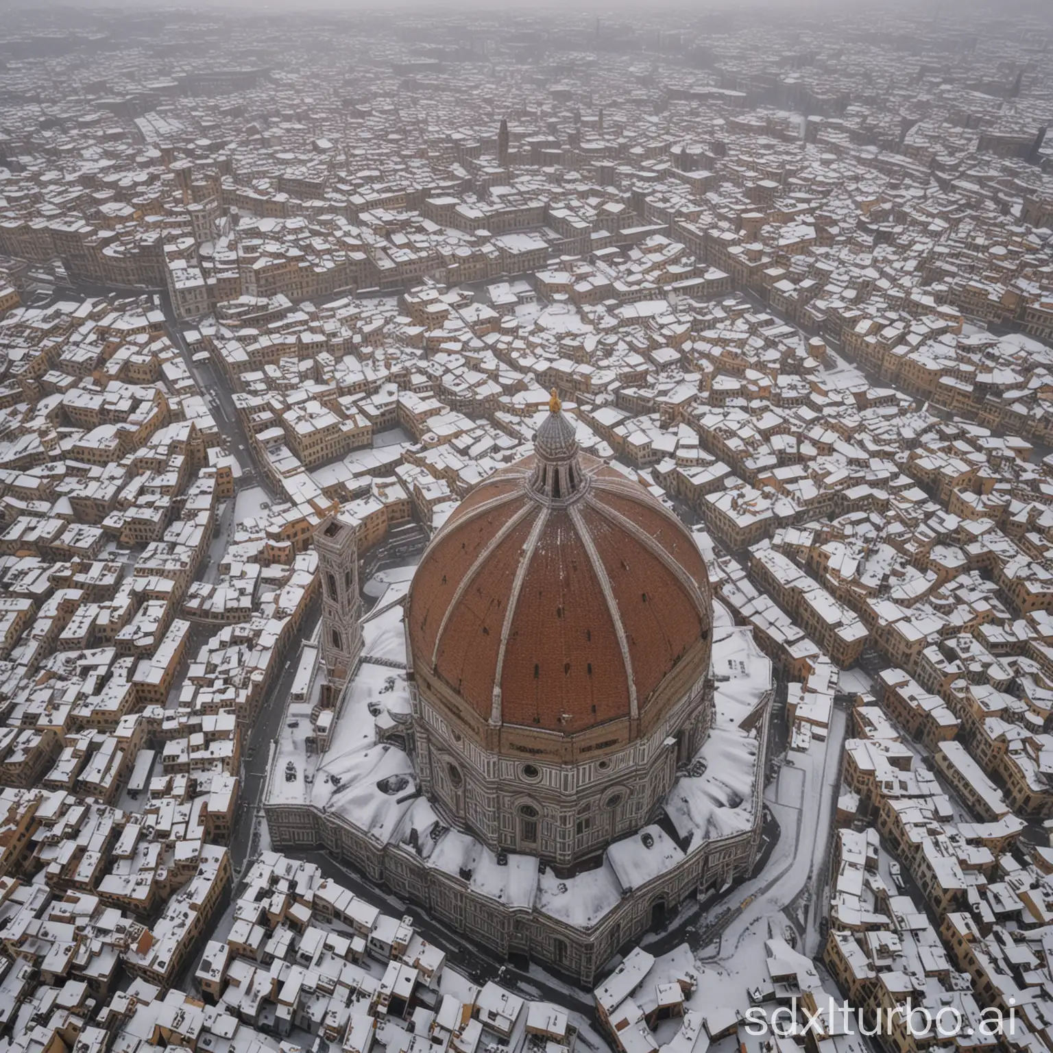 it's snowing on the dome of Florence from the sky