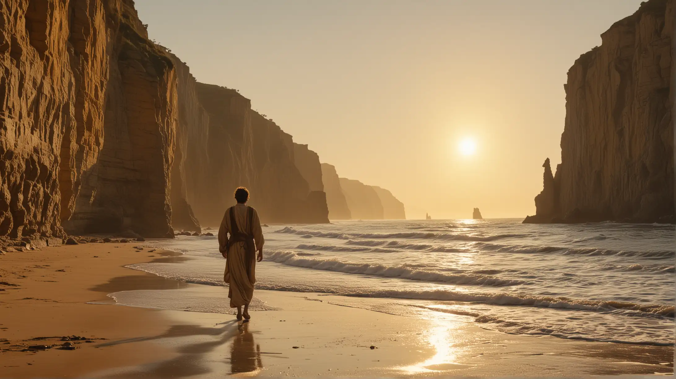 Man Walking Along Beach with Cliffs and Golden Sun in Biblical Era