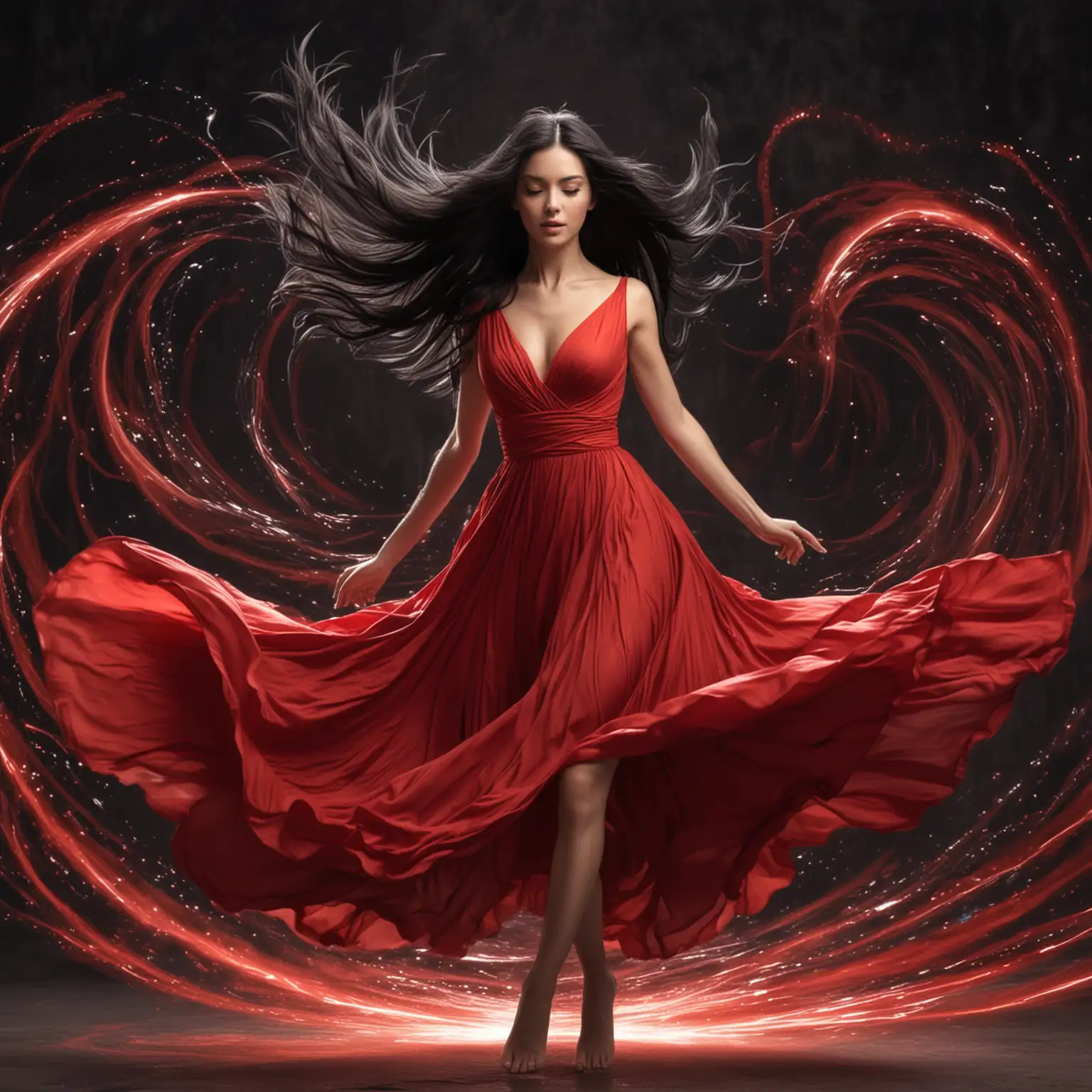 Elegant-Woman-in-Red-Dress-with-Flowing-Black-Hair-in-Kinetic-Motion