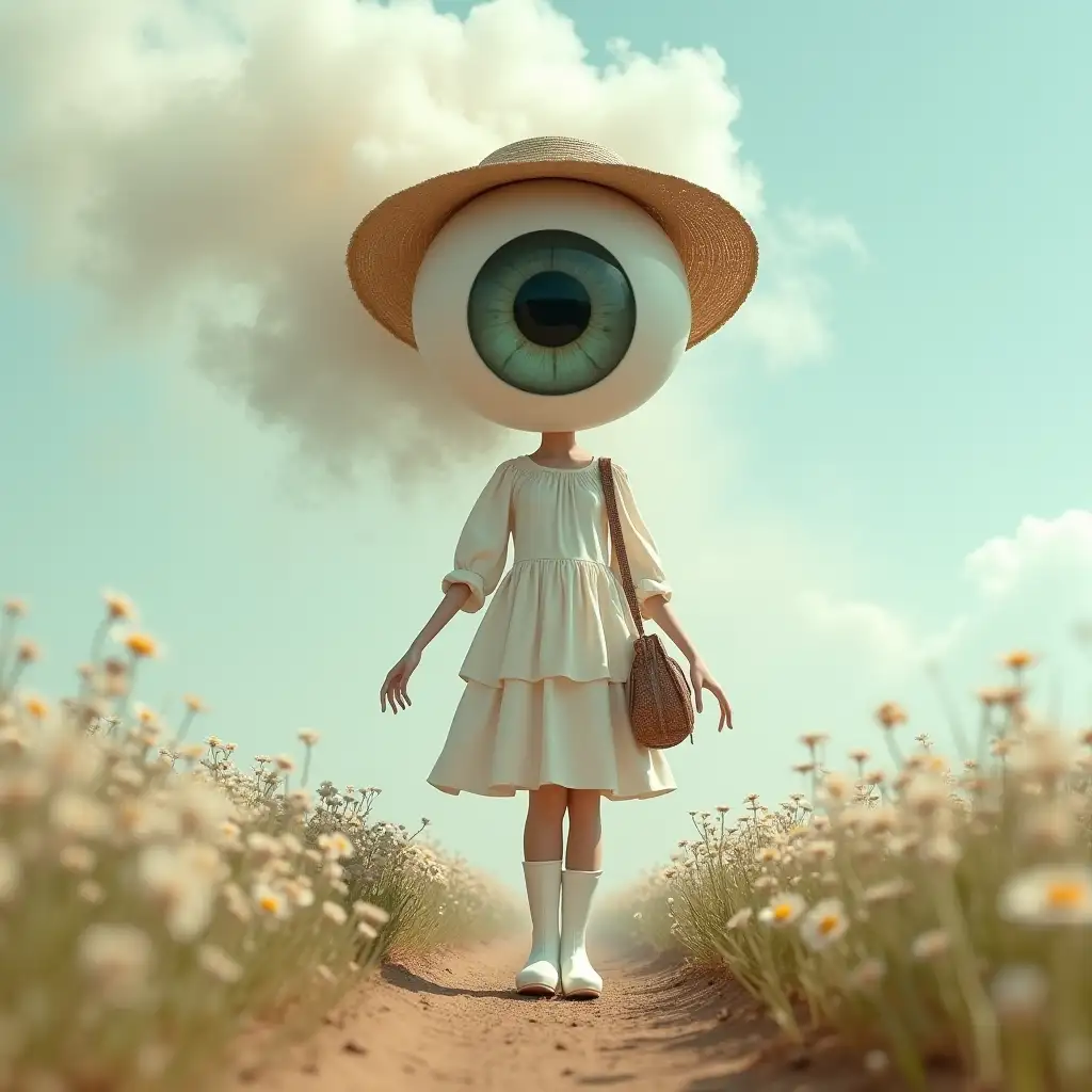 a one-eyed alien standing in front of woman,his body consists of [smoke:woman] in a cute straw hat,in a delicate loose-fitting dress,in white knee-high boots, with a bag over her shoulder,a giant eye is transformed.into a body made of smoke,with hair fluttering in the wind,walking through a field of delicate flowers.Art has amazing fantastic qualities,combining elements of reality and imagination in a visually appealing way.creates a sense of mystery