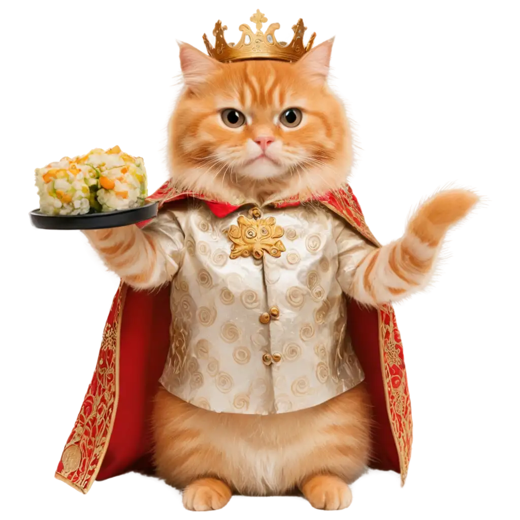 Cute-Ginger-Cat-King-with-Sushi-Plate-PNG-Transparent-Background-for-Creative-Use