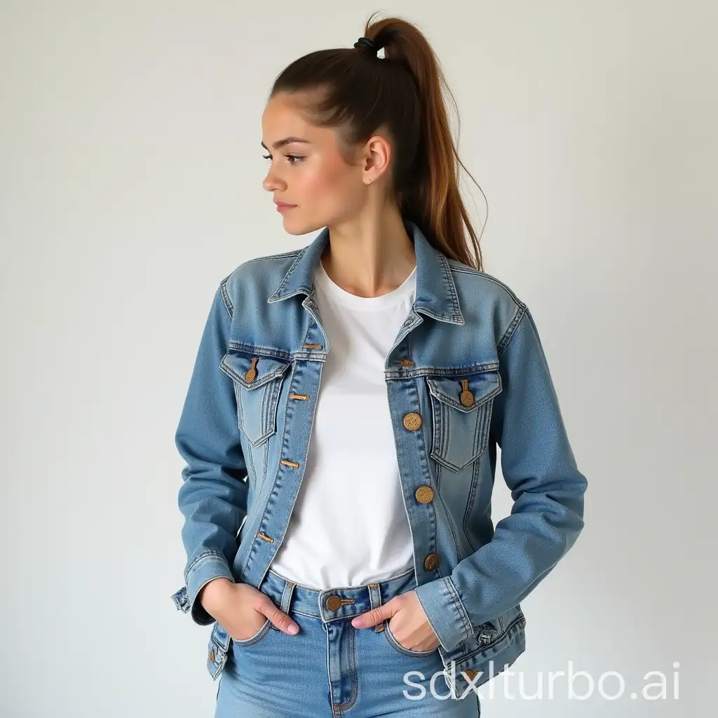 high ponytail denim jeans white T-shirt jacket