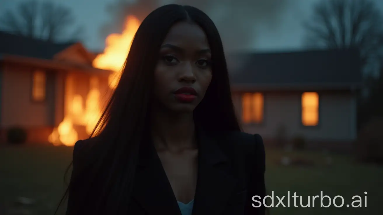 Cinematic-Night-Scene-Young-Black-Woman-in-Rain-Amidst-Burning-House