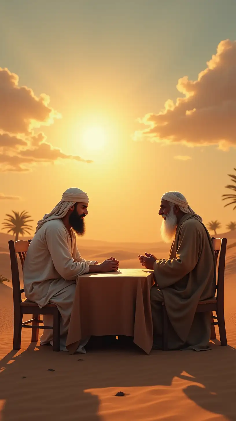 Hz Ibrahim Praying at a Desert Table with an Old Man