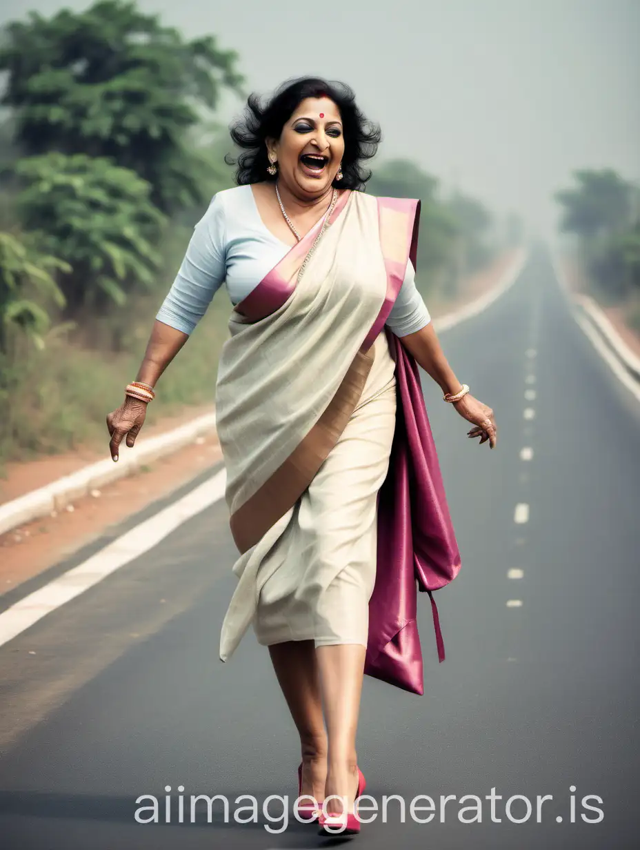 a POSH indian mature curvy woman with make up having age 56 years old happy and laughing walking with high heels wearing a cloth ... she is on a high way