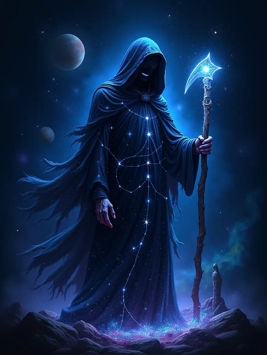 Tarot card 'Death' where Death is presented as a constellation. The silhouette of the Reaper with a fluttering cloak and hood, composed of 15 bright stars and 10 smaller ones: 6 stars form the cloak, 4 - hands, 8 stars - a scythe or sickle, 3 - a skull and 4 stars - a hood. Connecting the stars with holographic lines in a blue-violet palette, creating the effect of visibility of this figure. Around the silhouette, add glowing star dust to enhance the mystical atmosphere. In the background, place iridescent nebulae, planets and individual stars that are not part of the constellation to emphasize the grandeur of outer space. HR giger style Salvador Dali style whimsical macabre surreal beautiful glowing iridescent