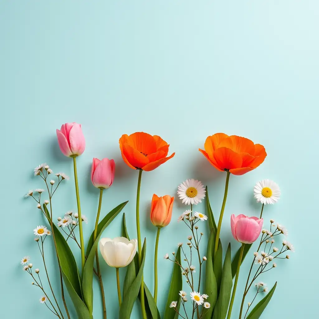 An artistic arrangement of vibrant orange poppies, pink tulips, white daisies, and small delicate flowers against a soft pastel blue background. The flowers are arranged upright, showcasing their stems, buds, and green leaves, creating a harmonious and lively composition. The overall design is elegant and serene, emphasizing the natural beauty and intricate details of the flowers in a minimalistic and modern style.