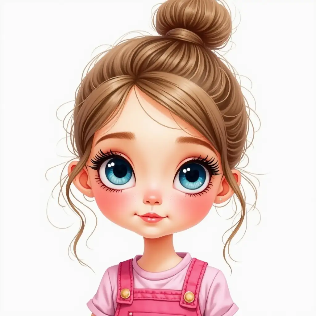 Portrait of a cute and beautiful mysterious little girl 2 years old (face like a Bratz doll, Disney Pixar) with blue sparkling eyes, black eyelashes and light brown hair tied in a beautiful bun on top of her head. She is wearing a light pink blouse and a pink jumpsuit. bright, juicy. watercolor illustration.