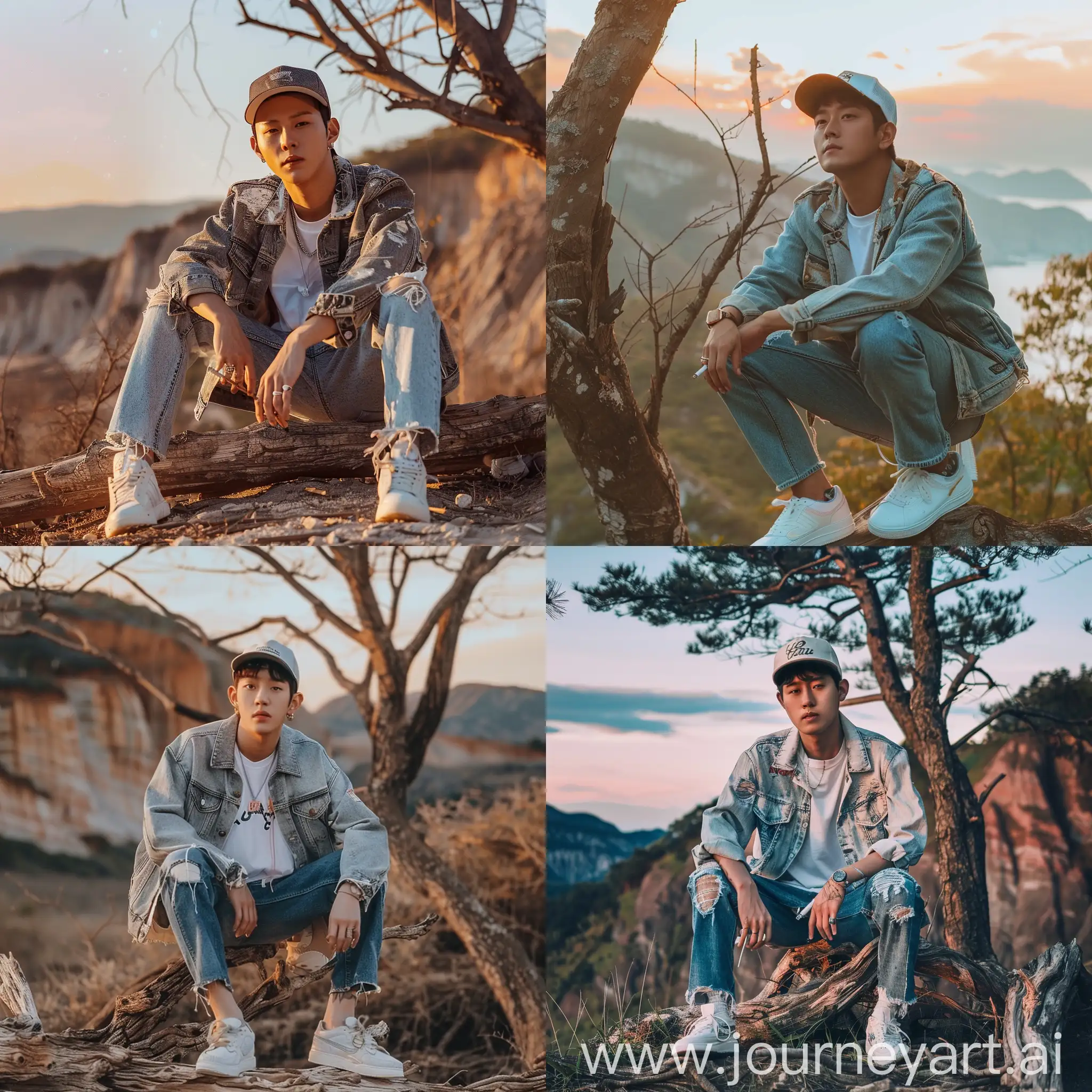 Korean-Man-in-Urban-Streetwear-Smoking-on-Sunset-Mountain-Cliff