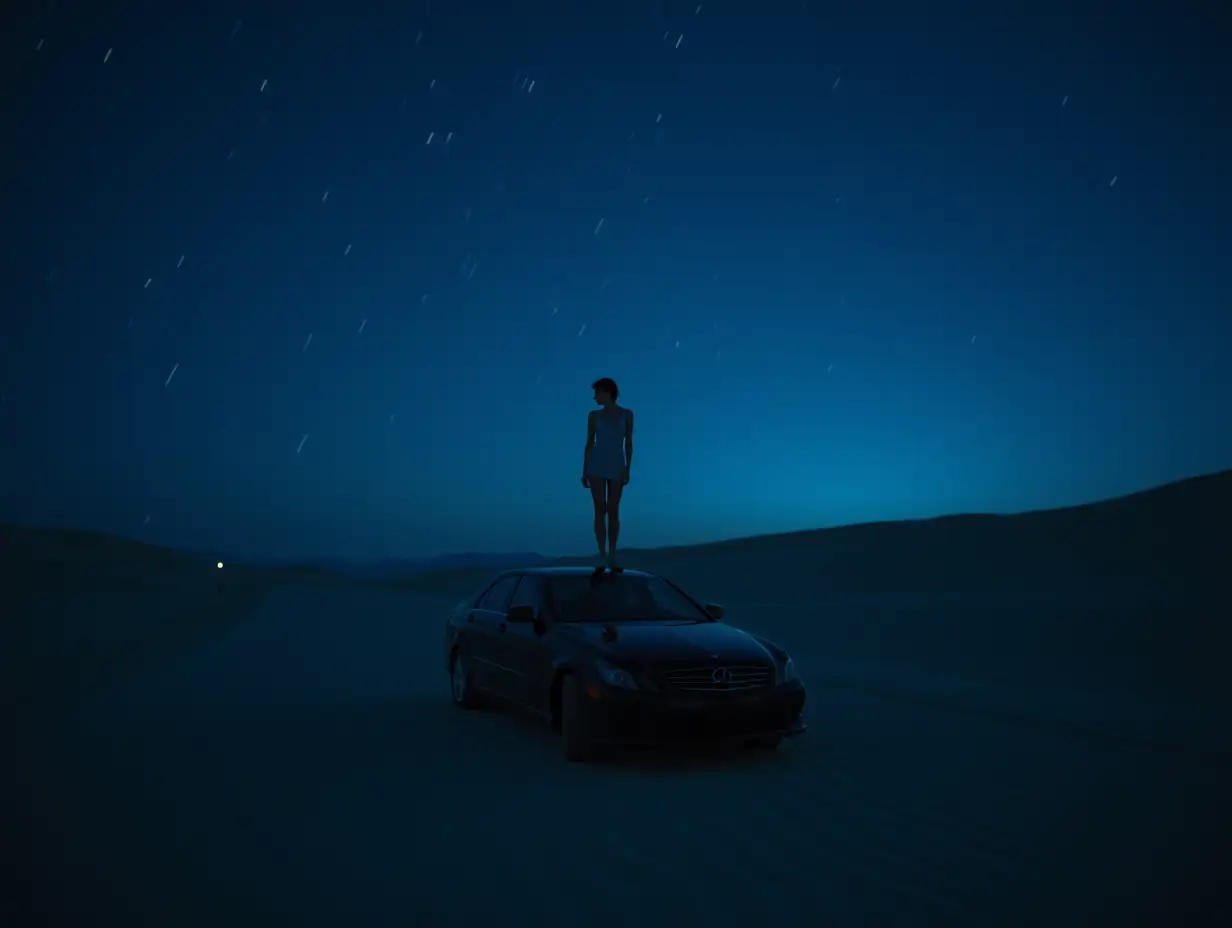 Lonely-Woman-on-Car-Hood-Under-Meteor-Shower-in-Desert-Night