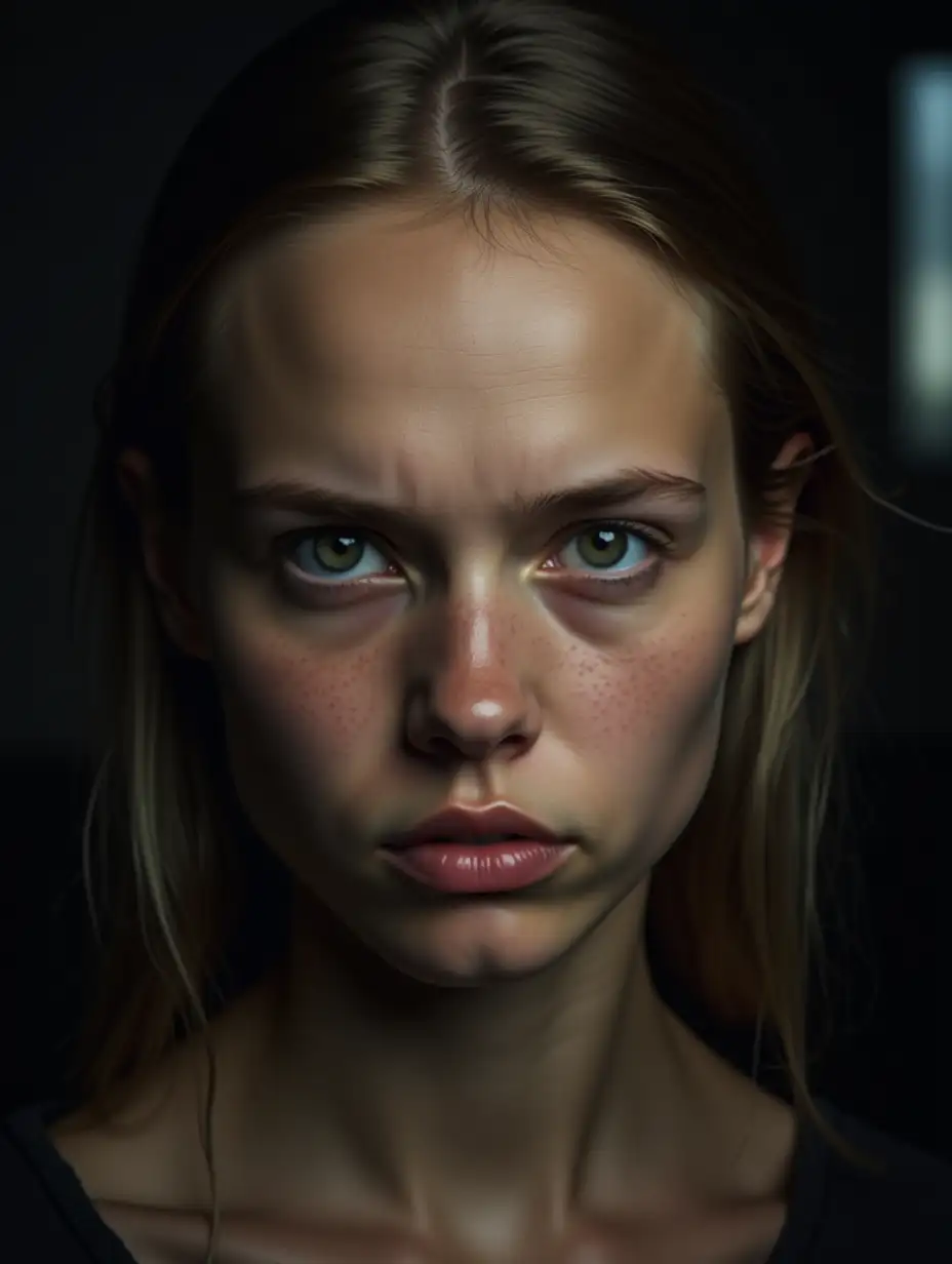 Fiercely Determined Young Womans Wrinkled Forehead in Hyperrealistic Portrait