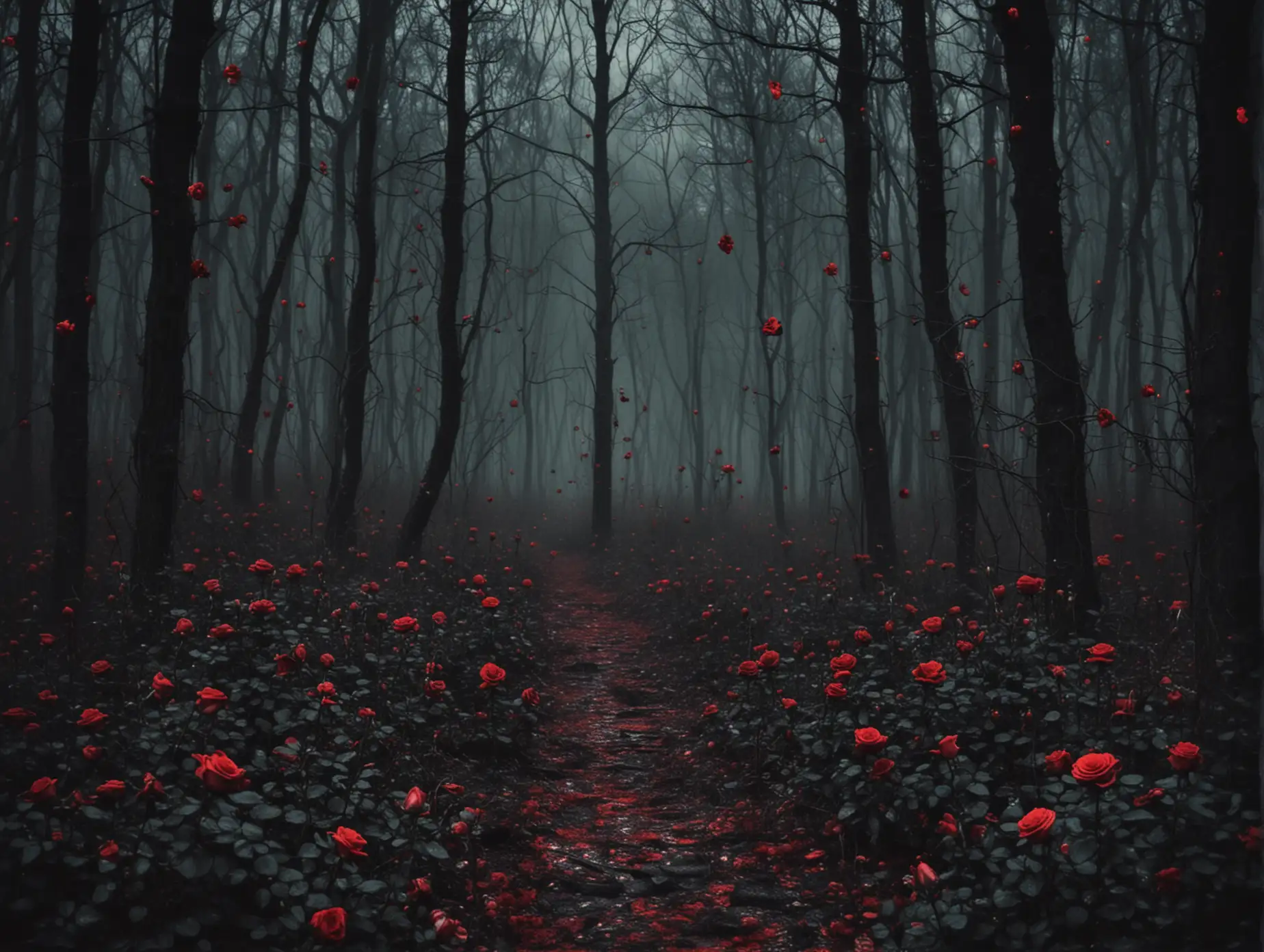 Dark-Forest-with-Blood-Red-Roses-Under-a-Starry-Sky