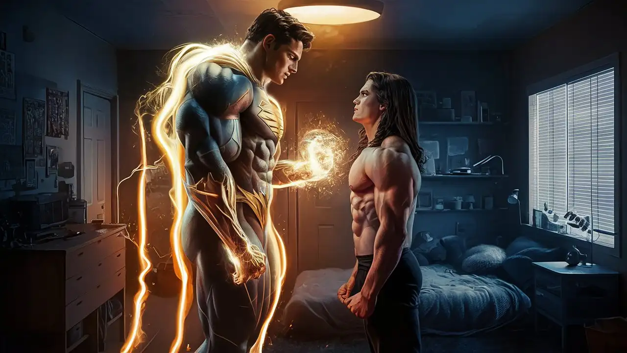 Superpowered-Muscle-Hero-Transformation-with-Luminous-Golden-Electricity