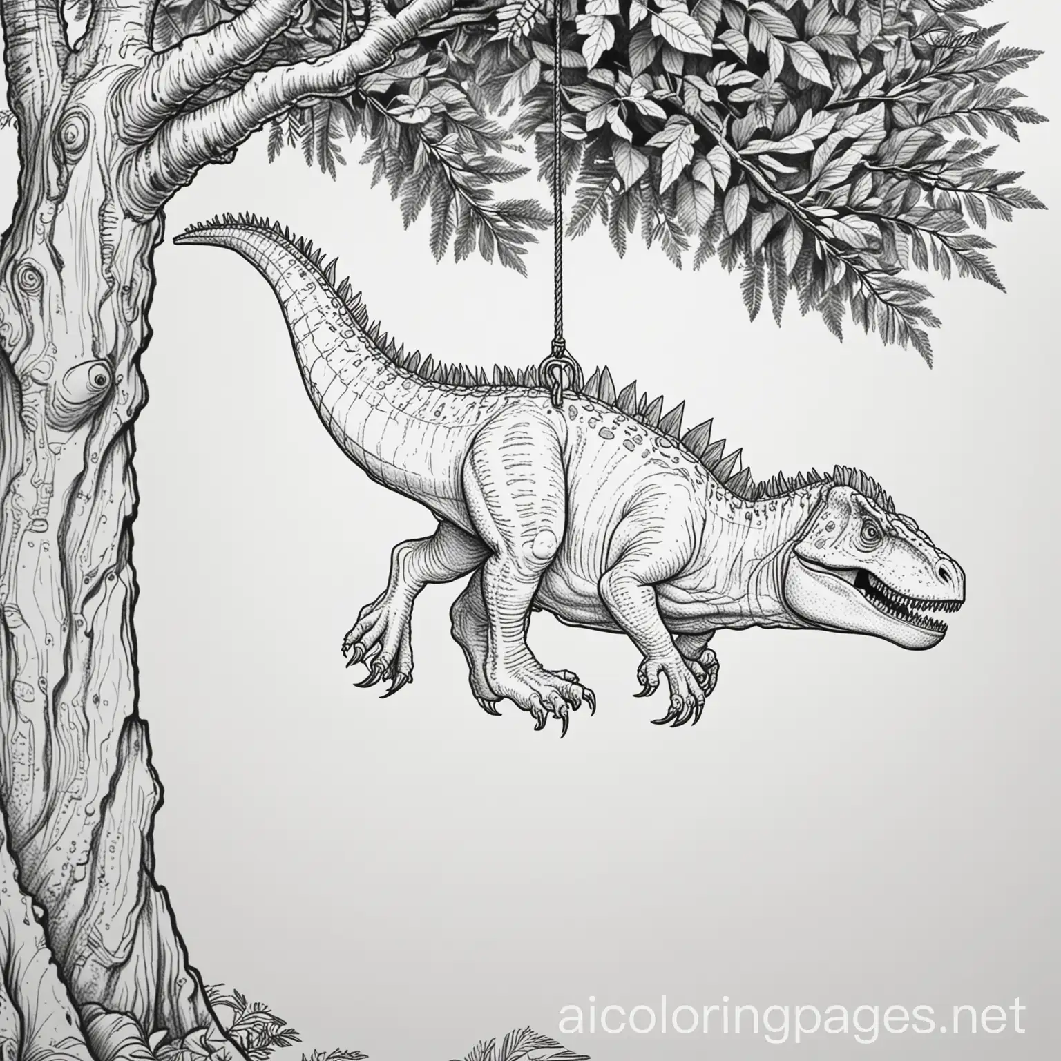 Tiny-Giganotosaurus-Hanging-from-Tree-Coloring-Page