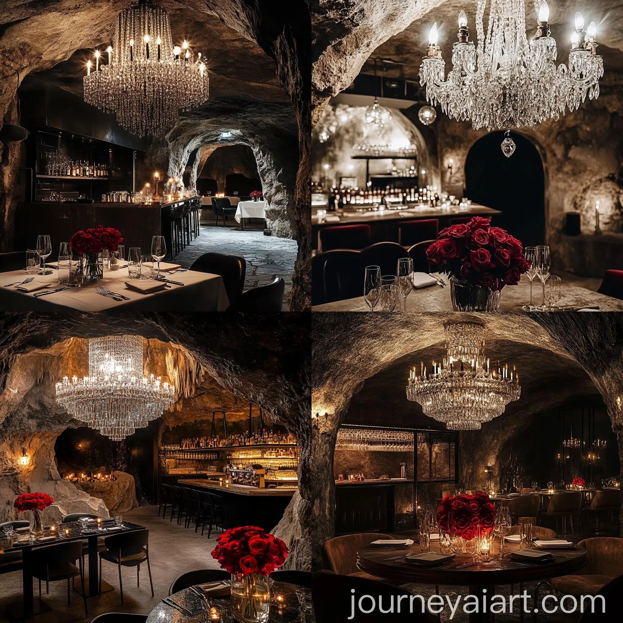 Underground-Cave-Restaurant-with-Crystal-Chandelier-and-Red-Roses