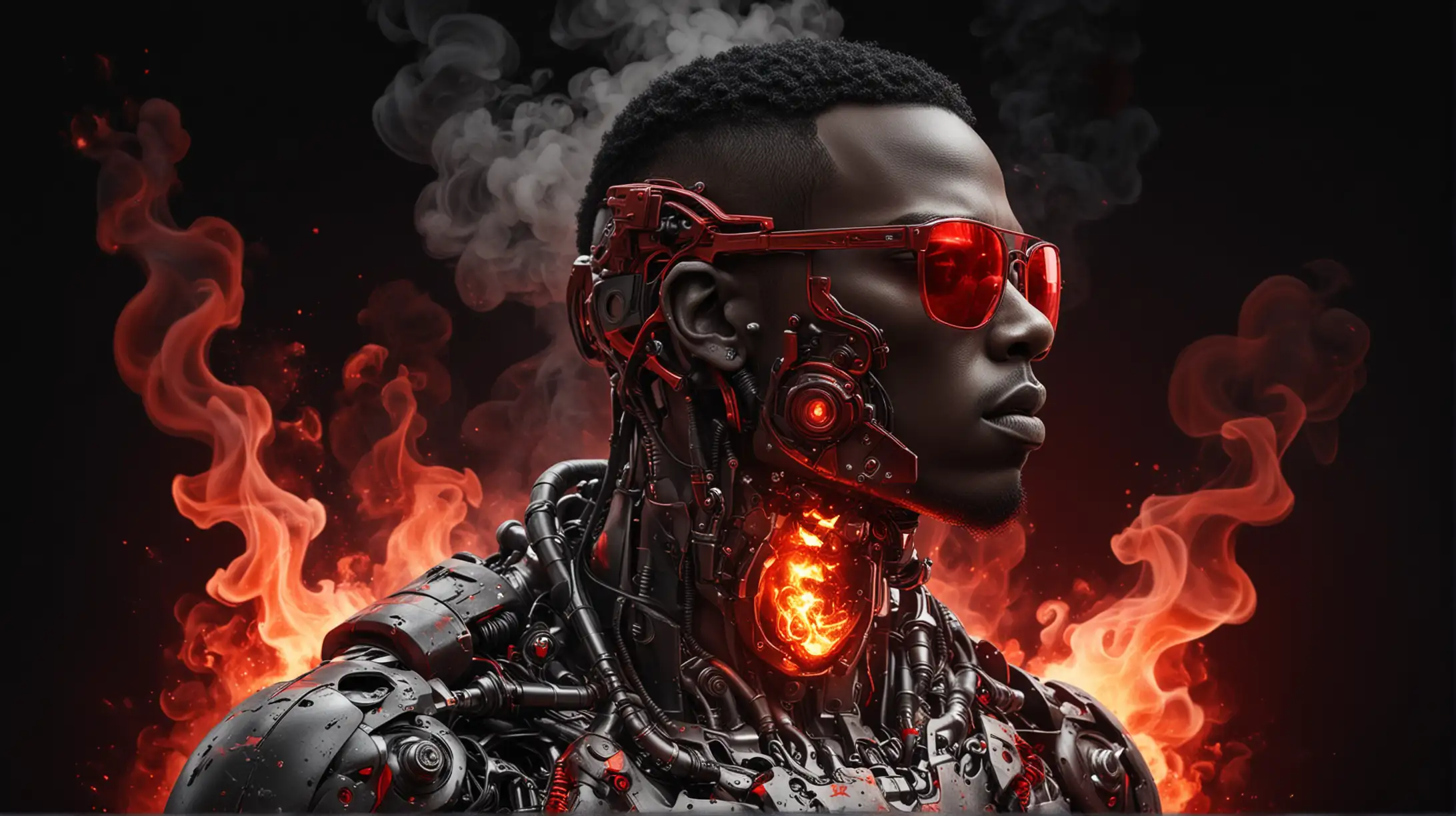 Ethnically Black Male Robot Breathing Fire in Red Gas Fog