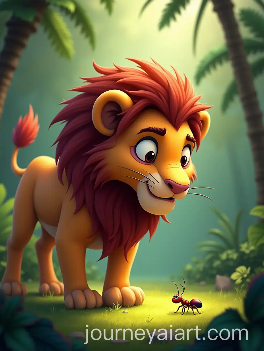 Majestic-Lion-Surprised-by-Confident-Ant-in-Lush-Jungle