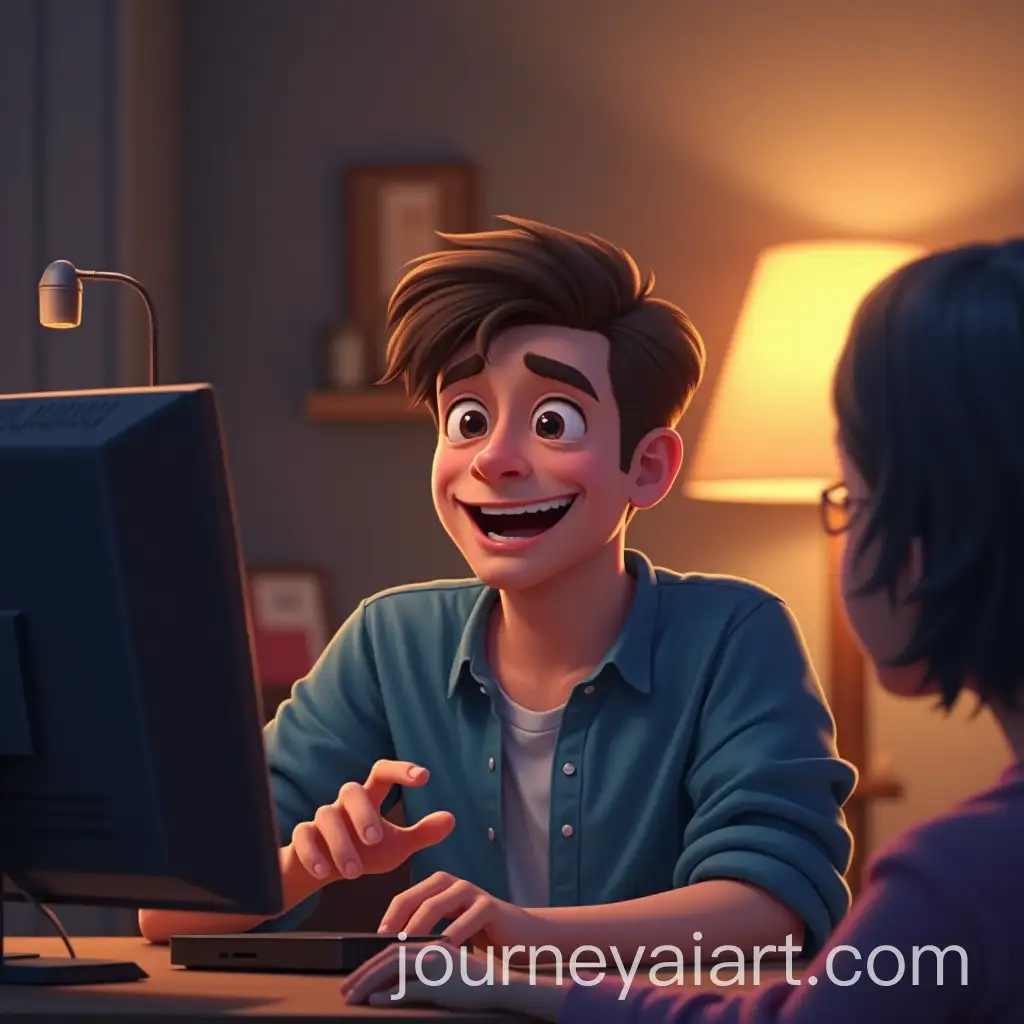 Young-Man-Engaged-in-Lively-Conversation-in-Cozy-Room-with-Webcam-Perspective