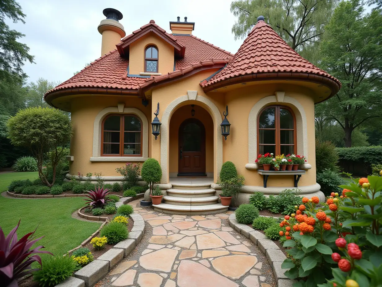 crooked house garden planting-with stucco in form of plant ornament, large windows with glass to, curved, smooth window shapes, winding big entrance step from marble complex curved roof with dike,Lanterns,bench 4K resolution colorful wide-angle shots