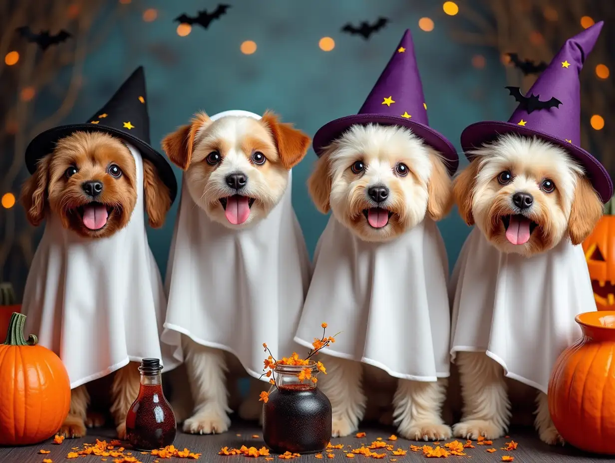 Four adorable dogs dressed as ghosts, with mischievous expressions and colorful accessories. They are surrounded by Halloween elements like pumpkins, bats, witches' hats, and spooky potions. The scene is filled with vibrant colors and intricate details, capturing the playful and festive spirit of Halloween.