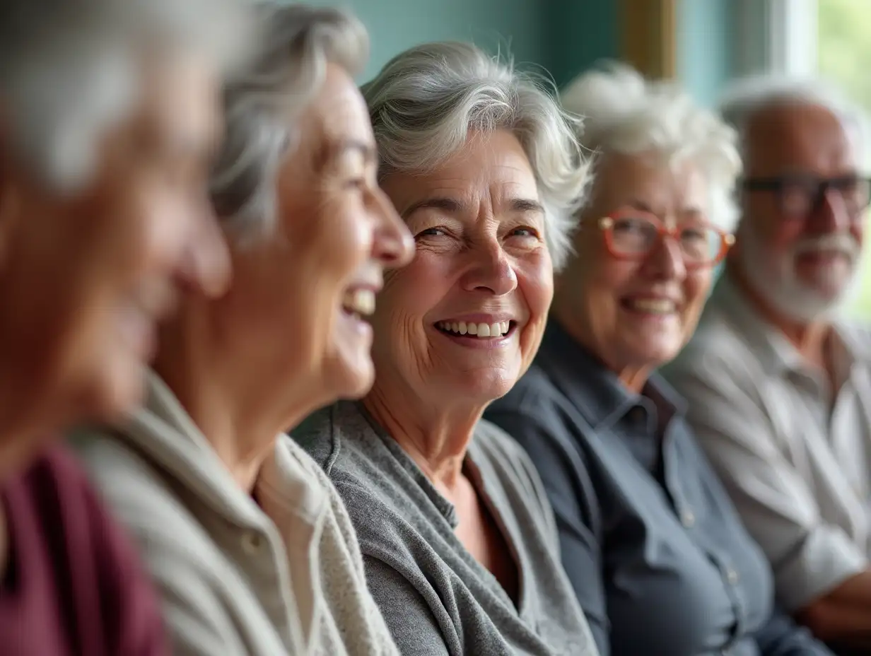 closeup of the tired, yet encouraging smiling faces of group of older adults, sharing comradely laugh during support group meeting for older patients coping with cancer diagnosis