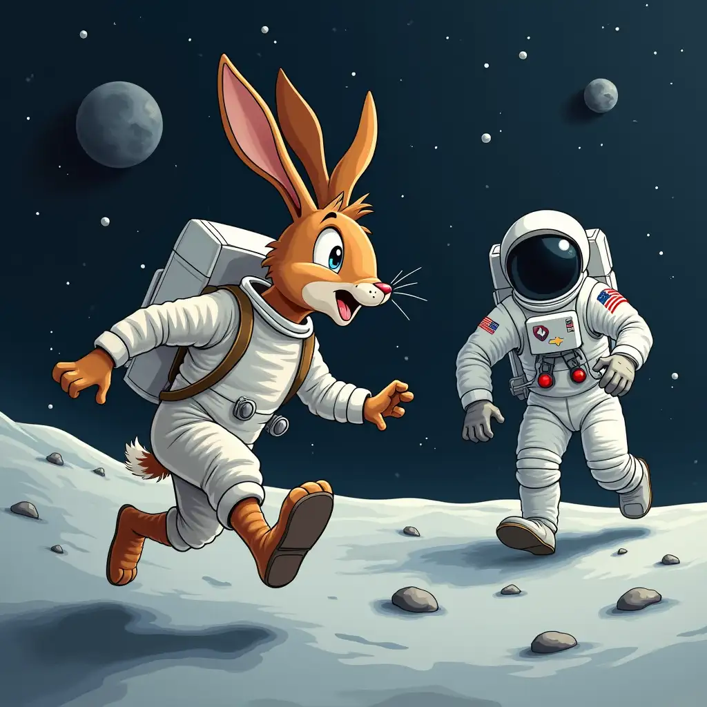 a hare in a hat runs after an astronaut on the moon