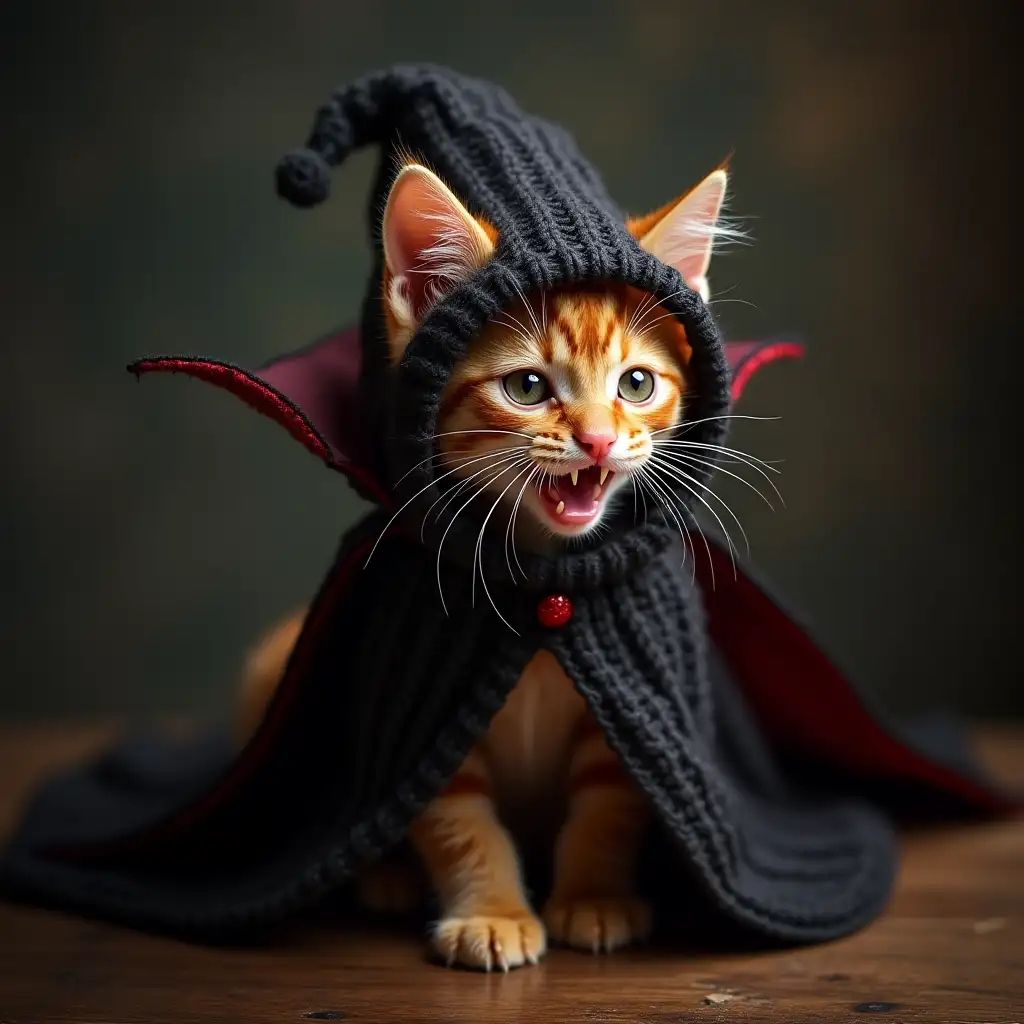 ginger nice real kitten in a knitted hat with a Dracula cape on its back, snarling and fangs long as a vampire's