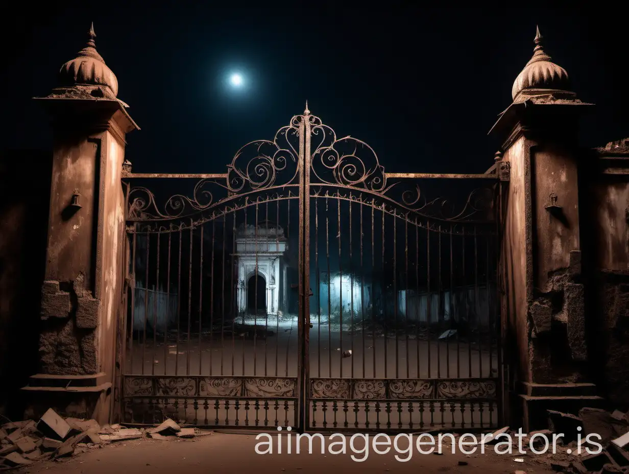 at dark night near an Indian street a broken big mansion with an old iron gate with broken walls