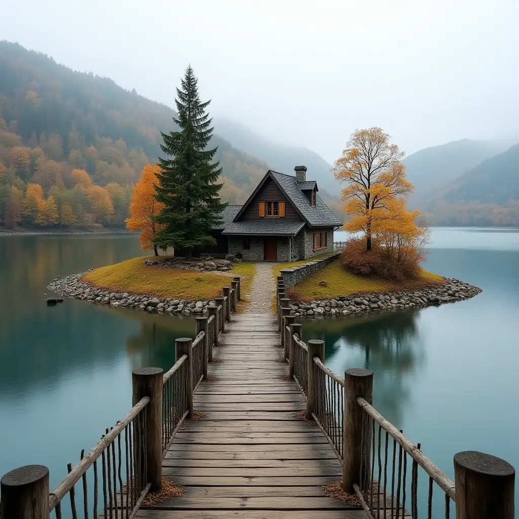 Autumn-Landscape-with-Stone-Island-and-Wooden-House-by-Lake