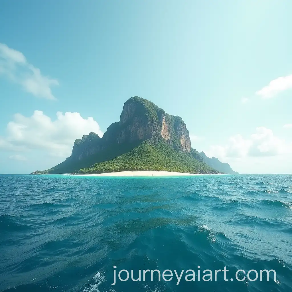 Tropical-Island-with-High-Cliffs-and-Sandy-Shore-in-Wavy-Ocean