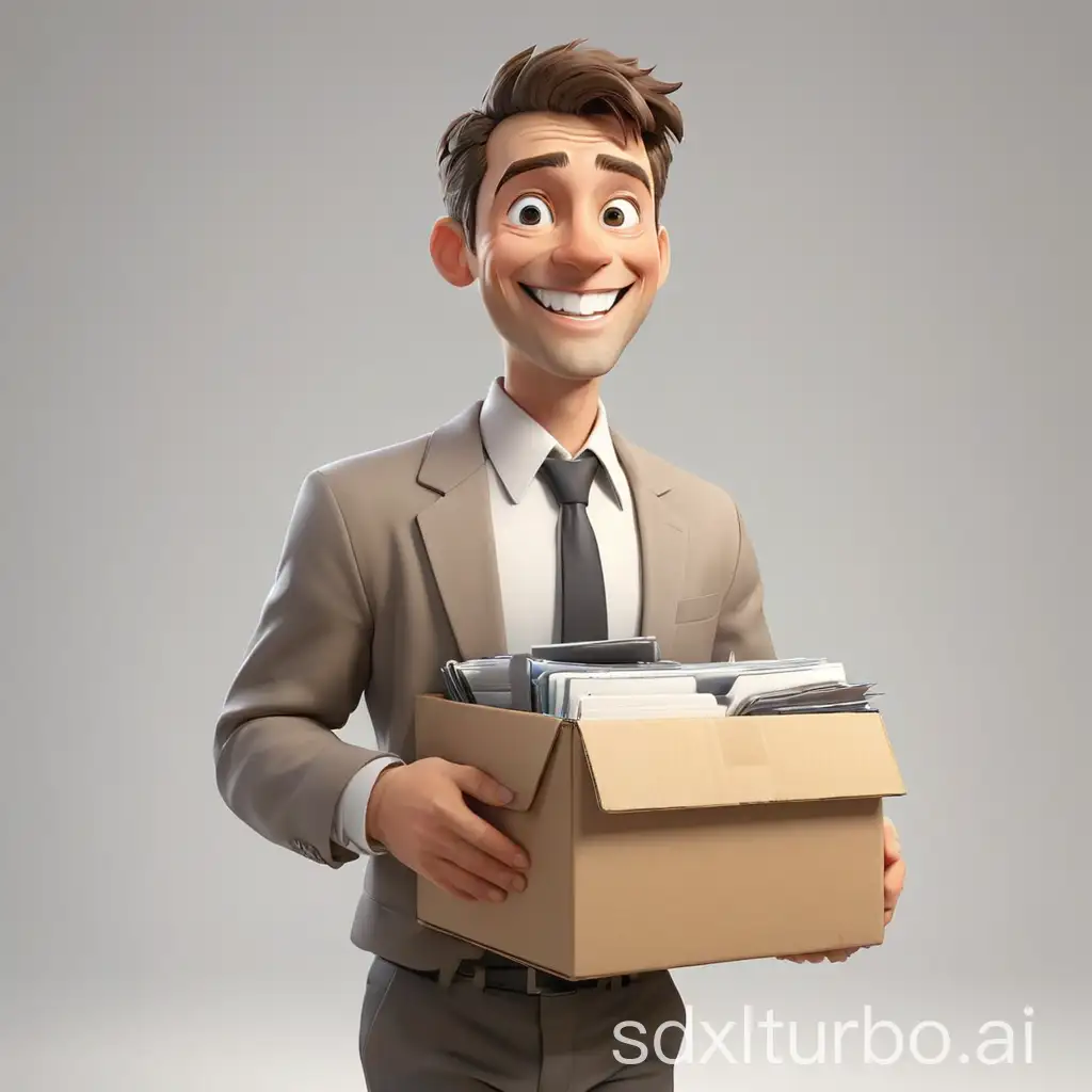 a 3d cartoon caricature person - an office worker. carrying a box of files, smiling, happy. white background. walking looking up